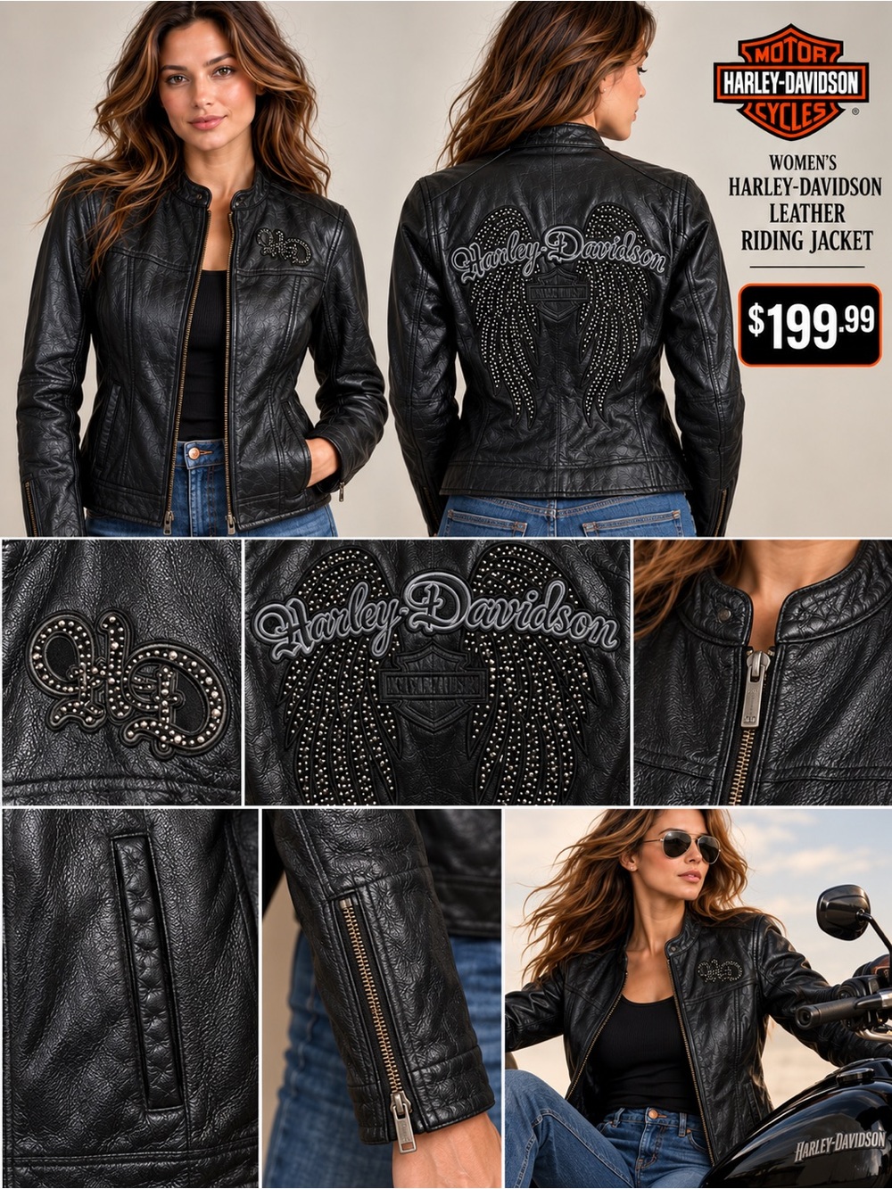 Harley-Davidson Black Studded Wing Logo Leather Jacket